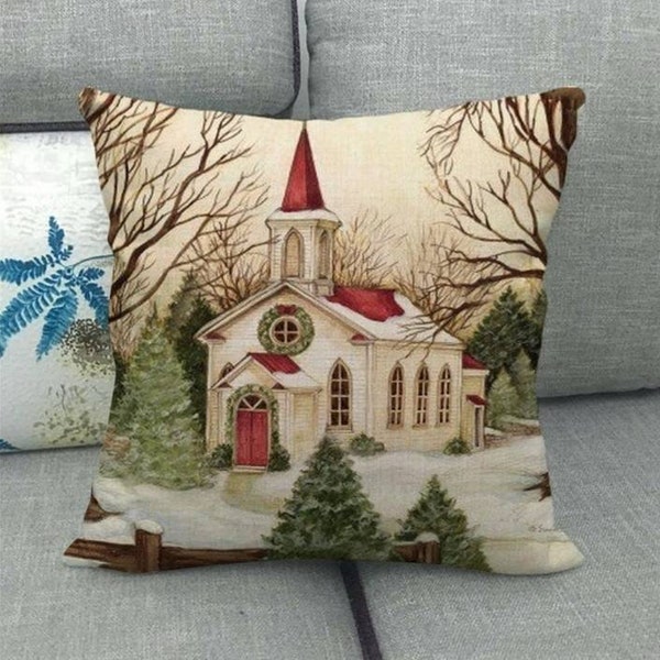 Christmas accent pillow cover, Christmas home decor, winter church, religious decorations, throw pillow covers, farmhouse pillow covers
