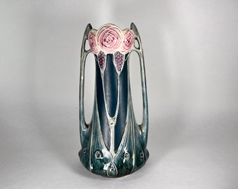 Art deco vase 1920 slip faience pink and green decor France