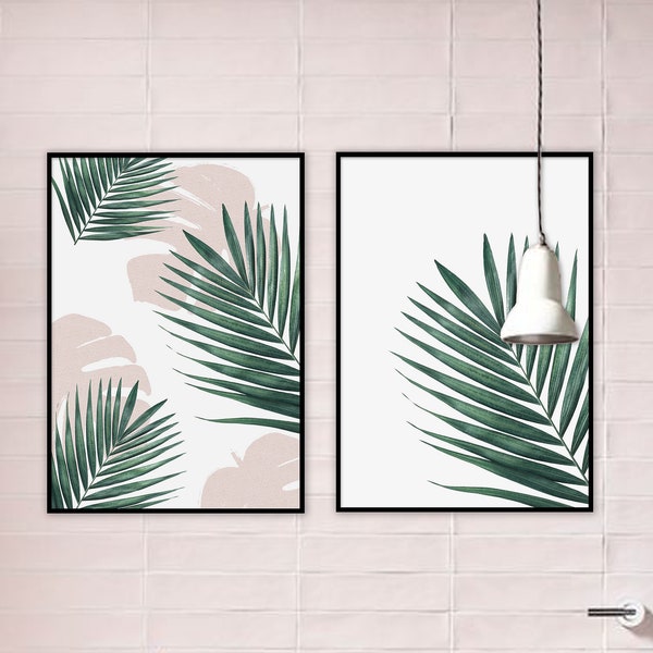 Set of 2 Botanical Prints, Palm print wall art, bathroom print, green leaf wall art,  tropical wall art, Pink Palm print wall art