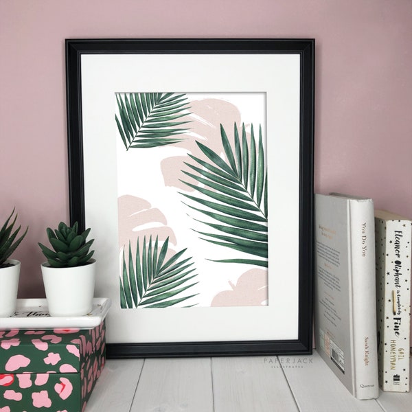 Botanical print, Palm print wall art, bathroom print, green leaf wall art,  tropical wall art, Pink Palm print wall art, pink prints