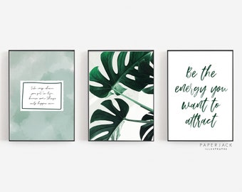 Set of 3 Botanical Prints, Palm print wall art, Bathroom print, Green leaf wall art,  Tropical wall art, Monstera Leaf print, Monstera