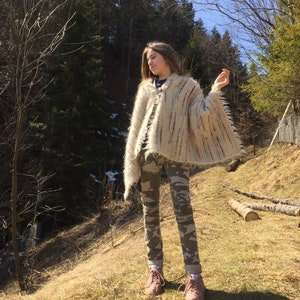 Made in Ukraine Woven warm poncho/beige poncho/white felted poncho/hand woven poncho/ethnic clothes hutzuls/Ukrainian weaving