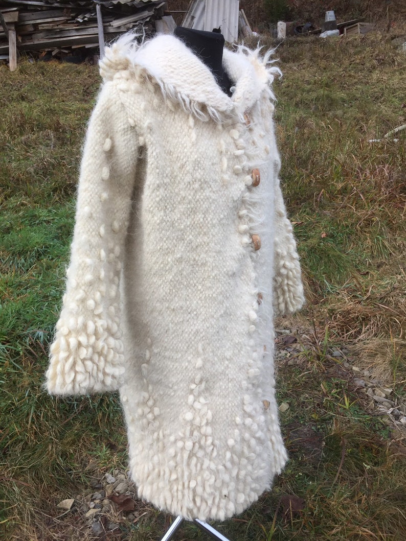 White coat/winter coat/organic wool coat/womens coat/wool sweater/soft white jacket/Ukrainian crafts/woven coat/felted clothing image 1