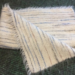 May include: A white woven throw blanket with blue and brown stripes. The blanket has a fringed edge.