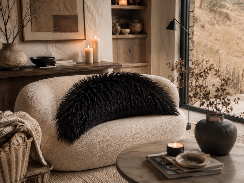 May include: A curved, cream-colored boucl&eacute; sofa featuring a long, rectangular black faux fur throw pillow placed horizontally across the center of the seat. The sofa has a rounded backrest and a low-profile design with a textured fabric finish.