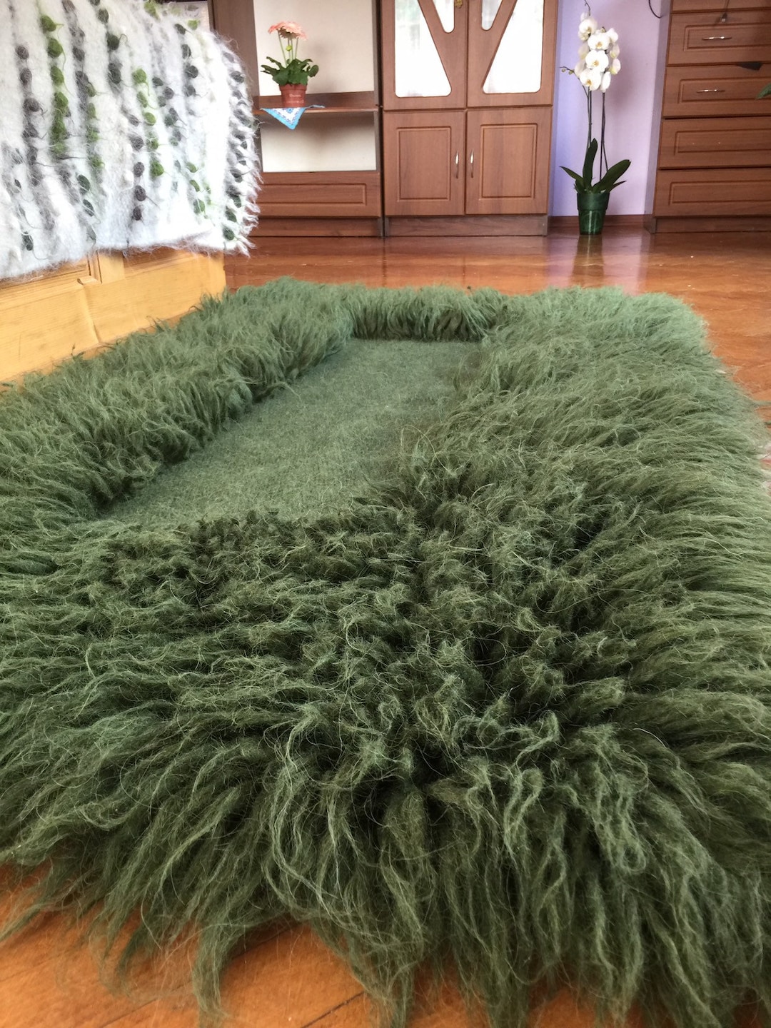Green Fluffy Rug/fireside Rug/throw Blanket/woven Wool Rug/ethnic Floor
