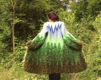 Handmade Woolen Coat: Green Landscape Design, Woven Carpathian Style