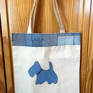 Scottie Dog Canvas Tote Bag, Denim Applikation, Återvunnet Patchwork Kant