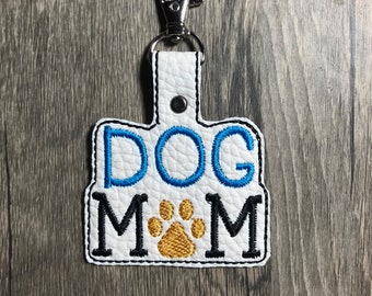 Embroidered Dog Mom Keychain: Faux Leather Bag Tag