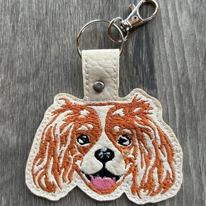 Embroidered Cavalier Spaniel Keychain: Faux Leather Dog Bag Tag