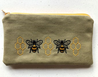 Embroidered Honey Bee Zipper Pouch: Canvas Coin Bag
