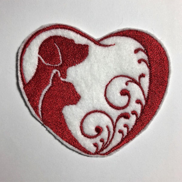 Embroidered Cat & Dog Heart Patch: Iron-On Pet Decal