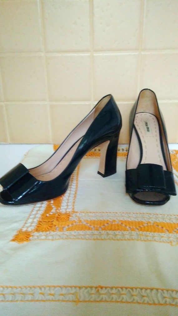Miu Miu PRADA patent leather heel platform pumps. 