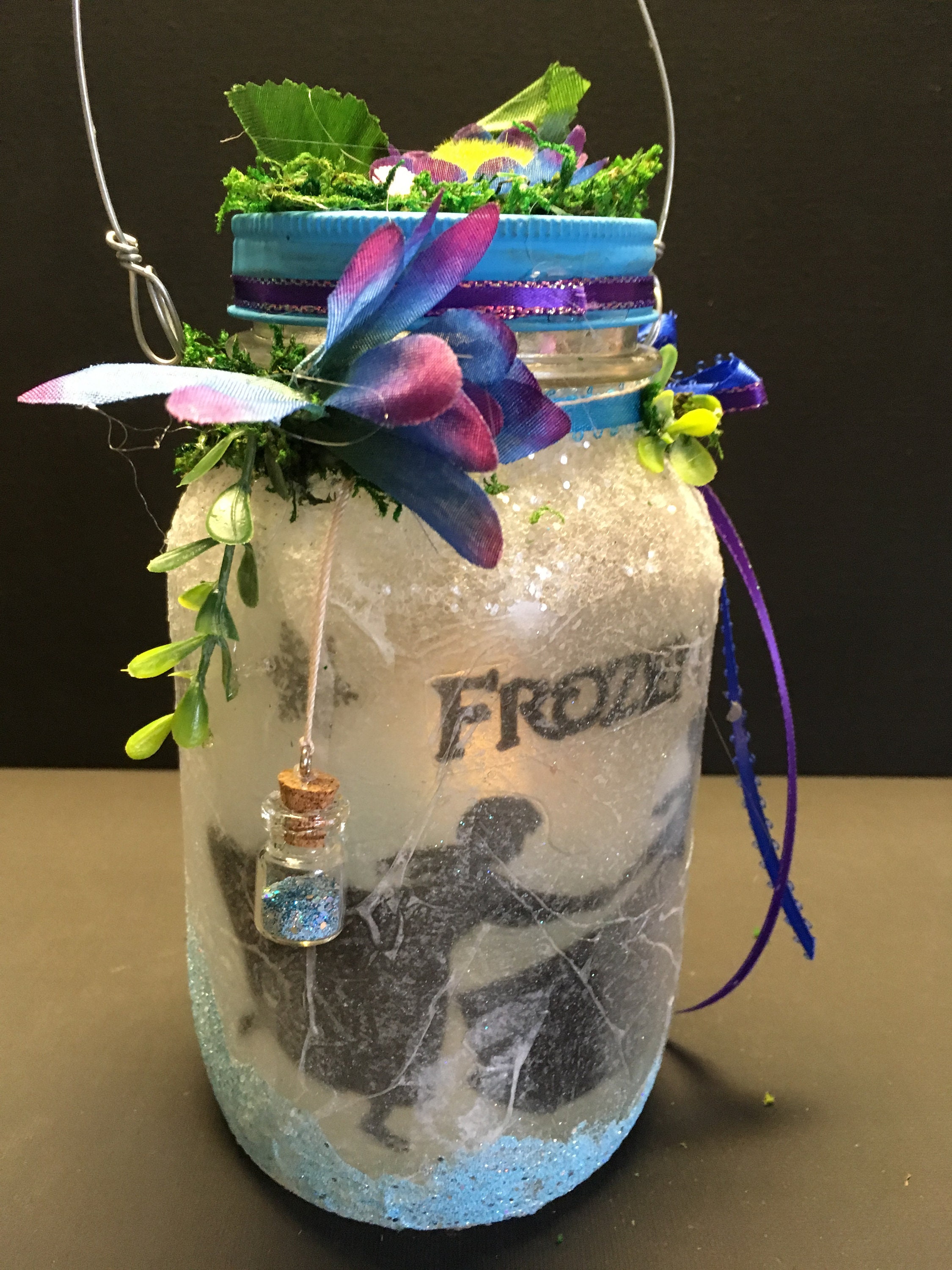 Frozen Disney Inspired Lighted jar Lantern nightlight centerpiece birthday gift Elsa Anna let it go fairy jar