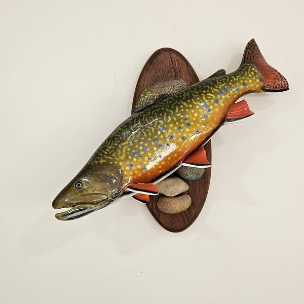 Hand Carved 15" Brook Trout Wall Sculpture.