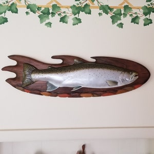 Hand Carved 22&quot;  Steelhead on Carved Cherry Plaque