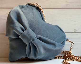 HEART BAG, Valentine's day, gift for her. Light blue velvet bag.  Heart clutch. Velvet sky blue elegant handbag with bow.