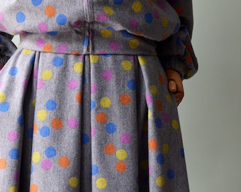 BUBBLE Melange gray skirt, gathered with colored polka dots.  Elegant skirt, maxi skirt, wool skirt, Italian fabric, printed wool