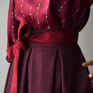 Pre order Burgundy JEANS skirt, pleated with natural waist bustier