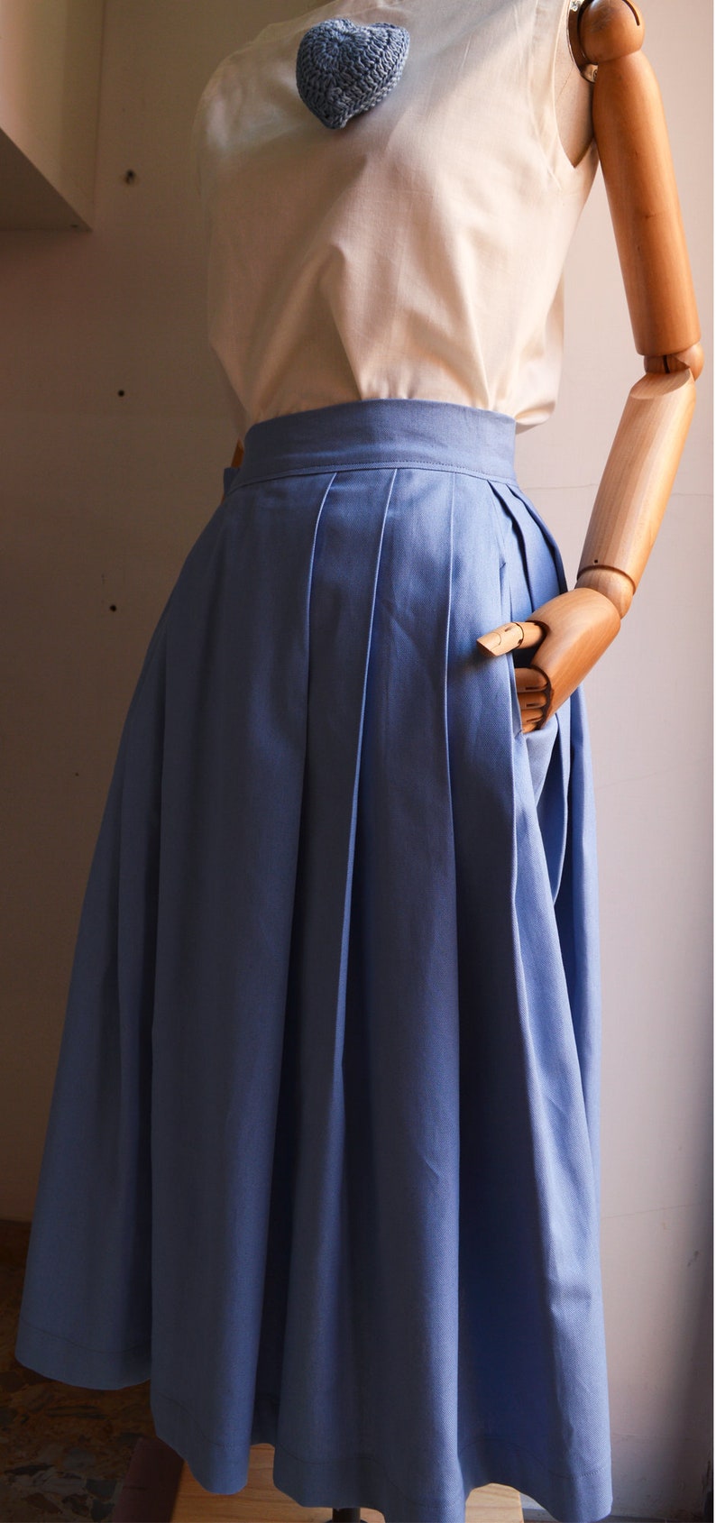 cotton skirt elegant skirt Women/'s pleated skirt in pure solid light blue cotton.FUTURA skirt,Stylized flowers design,summer maxi skirt