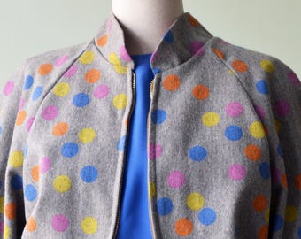 BUBBLE bomber jacket in melange gray pure wool, colorful yellow, pink, blue polka dot print