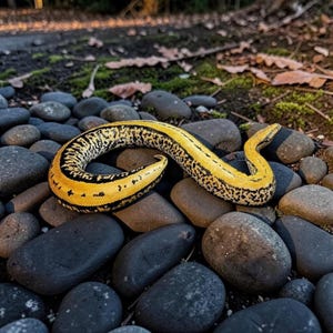 May include: A snake with a bright yellow body featuring a distinct pattern of black spots and a dark stripe running along its back. The snake is coiled on a bed of smooth, dark gray river stones, showcasing its vibrant coloration and texture.