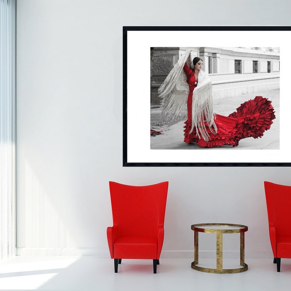 Flamenco Dancer,  Seville, Spain, Color Photography, Street Performer, Red, Dress, Woman, Shawl, Scarf, Ruffle