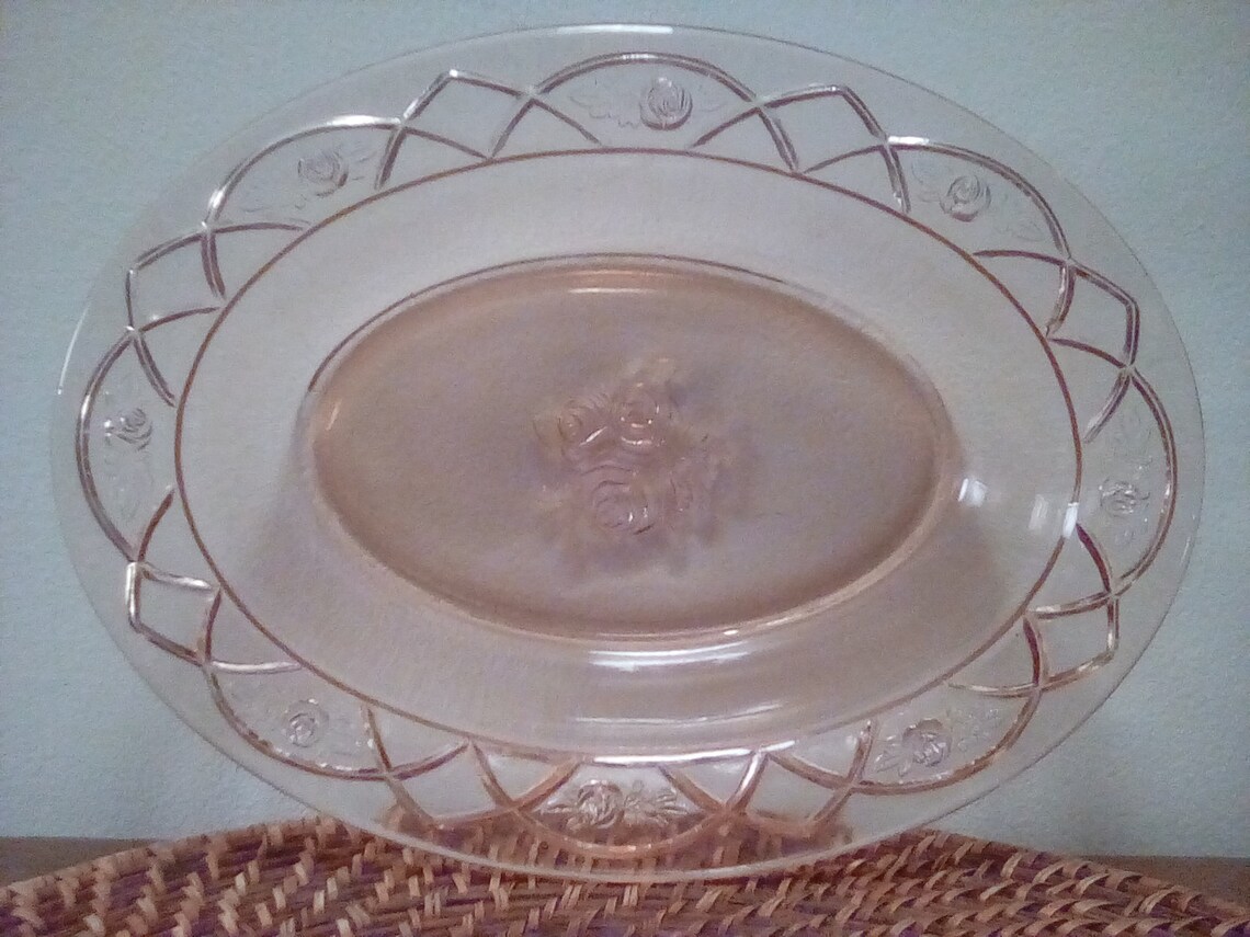 Vintage Pink Depression Glass Oval Rose Serving Bowl Etsy