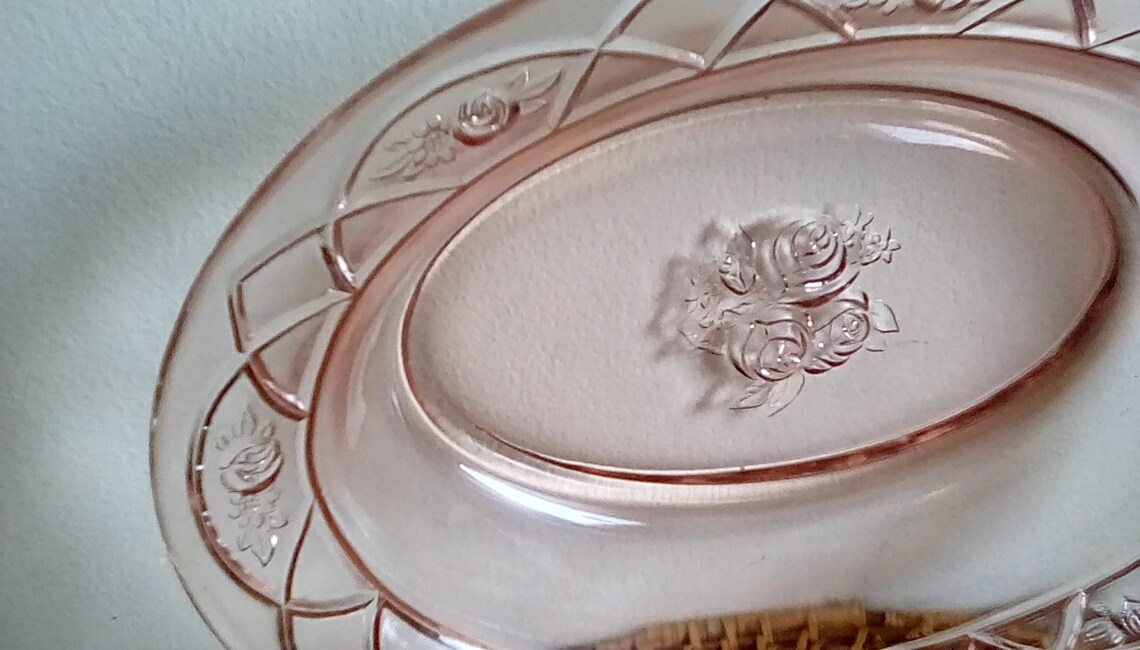 Vintage Pink Depression Glass Oval Rose Serving Bowl Etsy
