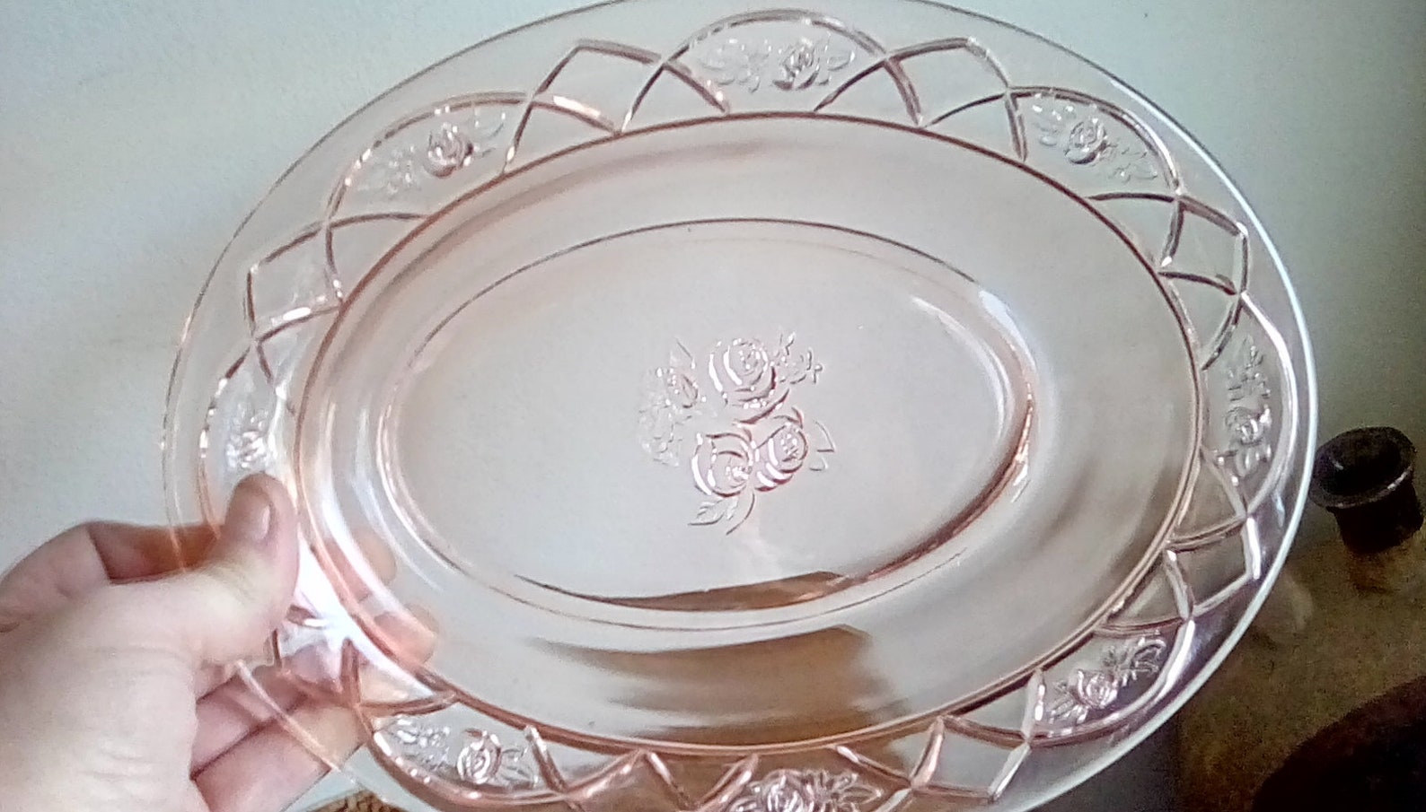 Vintage Pink Depression Glass Oval Rose Serving Bowl Etsy
