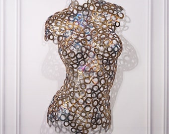 Golden Glow: Artistic Handcraft - Multicolored, Flame-Tinted Female Torso Sculpture in Stainless Steel