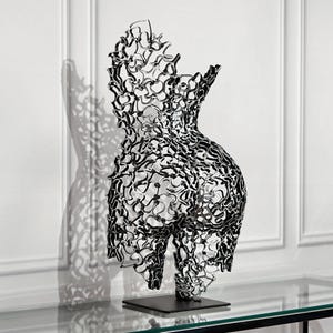 Hand-Welded Aluminum Female Form Sculpture: Black and Silver Metal Art