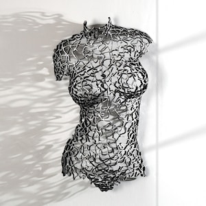 Original Metal Female Torso Sculpture – Hand-Welded Silver & Black Metal Wall Art