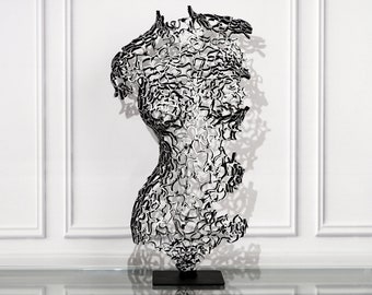 Gran escultura de encaje metálico, arte metálico contemporáneo, acabado en negro y plata, decoración moderna, pieza de declaración para el hogar u oficina