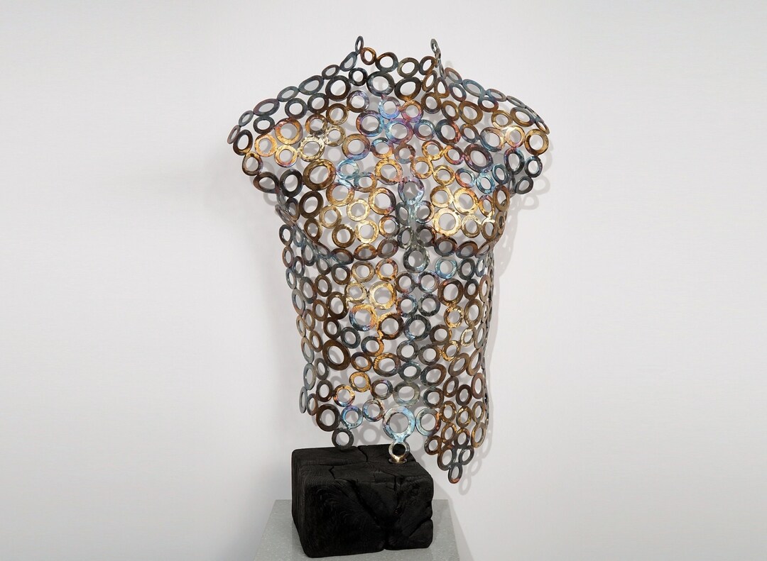 Large Abstract Sculpture of a Male Torso in Metal on a Wooden Base ...
