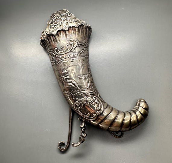 Antique Miniature Sterling Silver Vase, Hallmarked, Horn of Plenty Repoussé Floral Decor