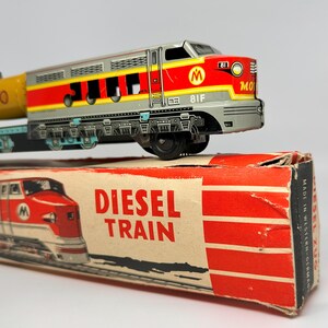 Vintage SHELL dieseltåg, tysk plåtfriktionsleksak i originallåda