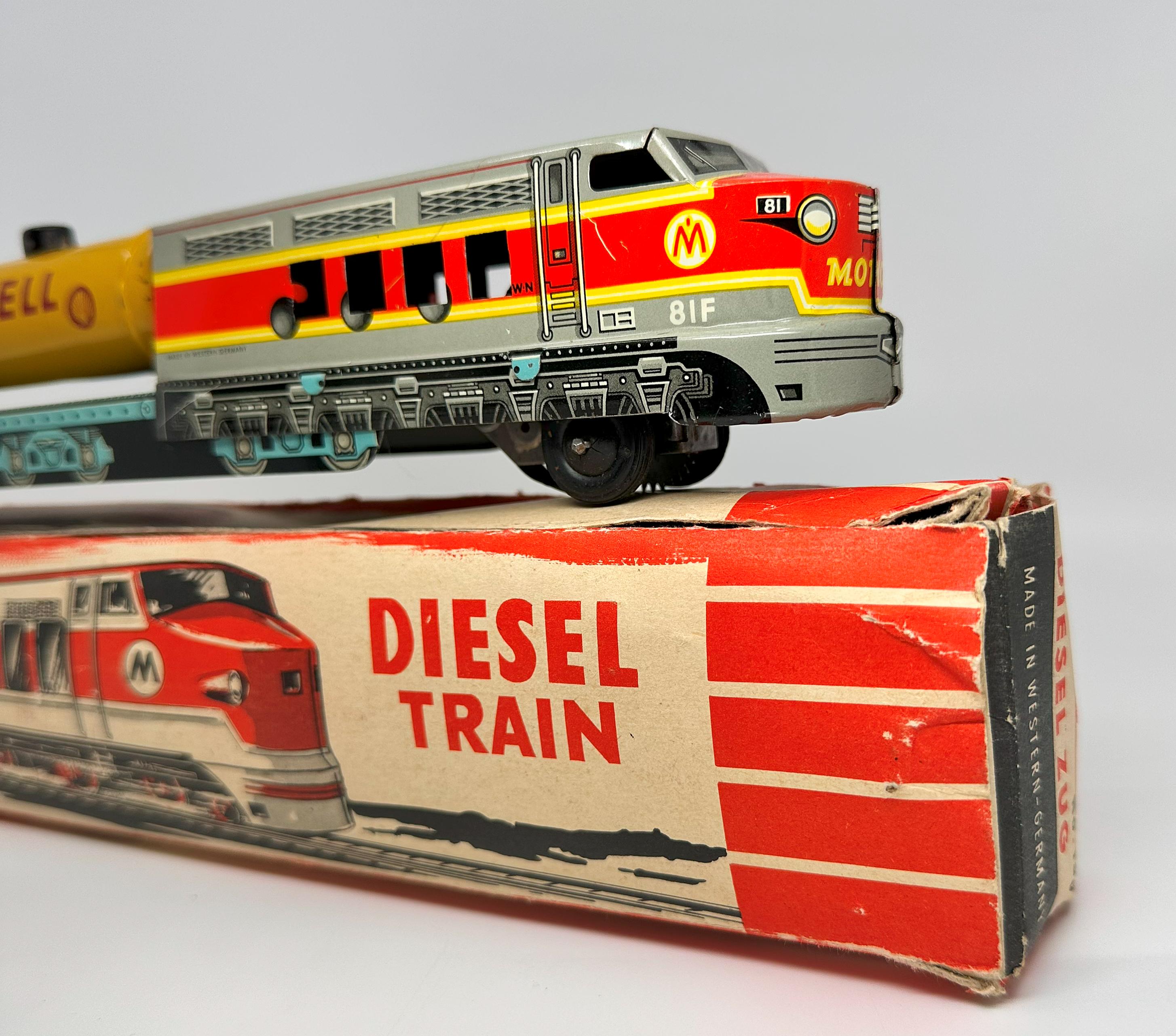 Vintage SHELL Diesel Train, German Tinplate Friction Toy in