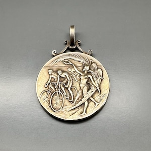 Antique French Bicycle Medal, 1905 Bicycle Trophy, Bronze