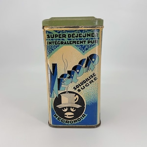 Antique French Coffee Tin, Cacao Tin, Coffee Advertising, Blue Color Tin