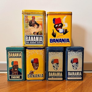 Antique French BANANIA Coffee Tins, Beans Tin, Pasta Tin, Flour Tin, Coffee Advertising, BANANIA Yellow Color Tin, Iconic, Retro Home Decor