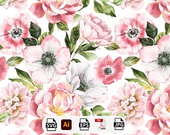 Flowers and Leaves WaterColor Seamless Pattern,Sublimation Patterns for Fabric & Seamless Repeat Digital Papers,Pattern for Commercial Use,