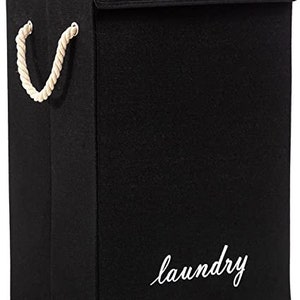 Laundry Basket Folding Bin Bag Hamper With Lid Fabric Baskets Dirty Washing Clothes Storage, Smooth Long Handle, Decorative Basket Black