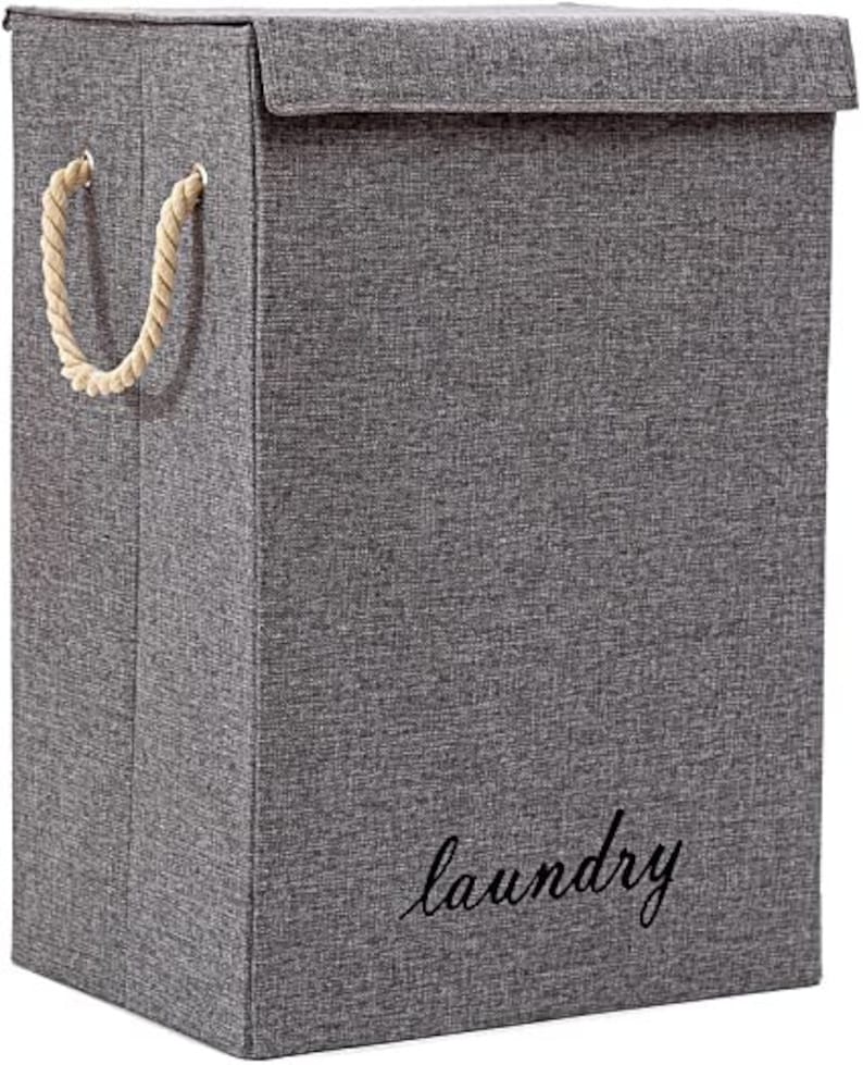 Laundry Basket Folding Bin Bag Hamper With Lid Fabric Baskets Dirty Washing Clothes Storage, Smooth Long Handle, Decorative Basket Grey