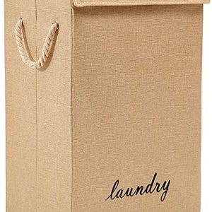 Laundry Basket Folding Bin Bag Hamper With Lid Fabric Baskets Dirty Washing Clothes Storage, Smooth Long Handle, Decorative Basket Cream