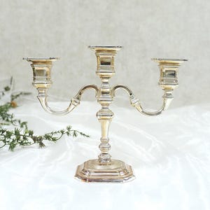 Può includere: Un candelabro in argento a tre bracci con una base decorativa e dettagli decorativi.