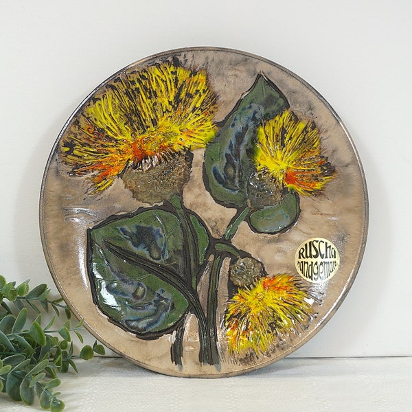 Ruscha Teller, Wandteller, Keramik-Teller 'Sonnenblumen' - handmade - Wanddekoration - 70er Jahre