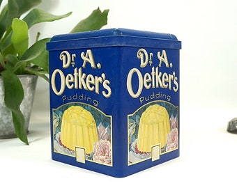 oud blik, metalen blik, koekblik, juwelendoos - vintage - jaren 60 - Dr. Oetker's Pudding - blauw