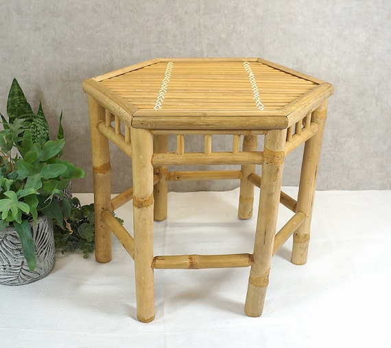 Vintage Blumenhocker, Bambus Hocker, Beistelltisch, 6-eckig - Boho - 90er Jahre