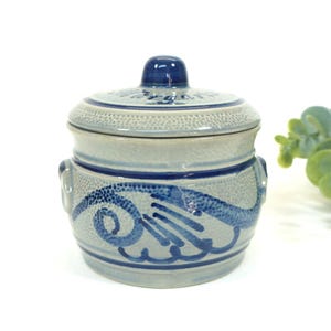 Può includere: Un vaso in ceramica con coperchio, in blu chiaro e blu scuro. Il vaso ha una forma rotonda con un coperchio e un pomello sulla parte superiore. È decorato con motivi a vortice blu e fasce blu orizzontali. Adatto per la conservazione.